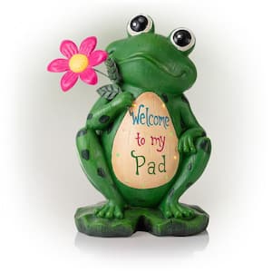 18 in. Tall Outdoor Frog with Color Changing LED Lights and Welcome Sign Yard Statue