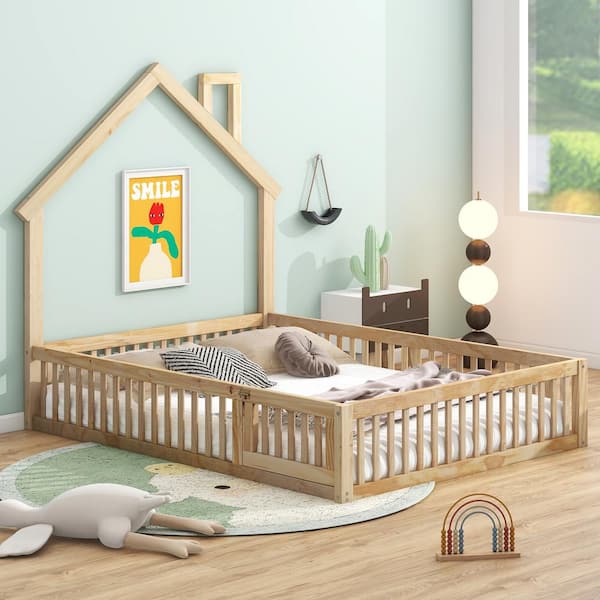 Natural Brown Wood Frame Full Size House Shape Platform Bed with 12 in. Fence