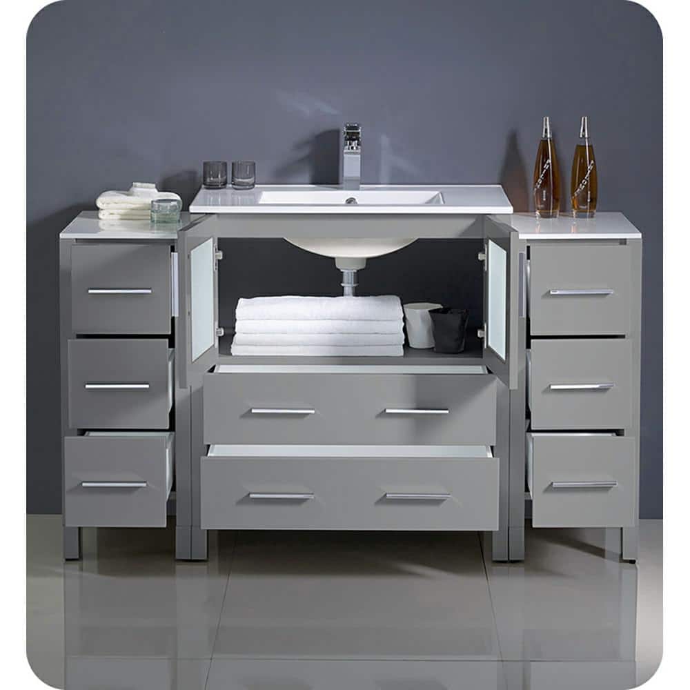 Gray Engineered Wood Modern Freestanding Vanity Base with Frosted Glass Doors