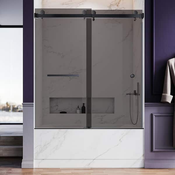 UNIKOO UKD01 56 to 60 in. W x 66 in. H Double Sliding Frameless Bathtub Door in Matte Black w/ EnduroShield 3/8in. Tinted Glass