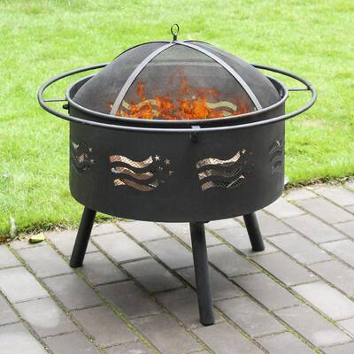30 in. x 30 in. x 31 in. Round Metal Outdoor Wood and Coal Fire Bowl BBQ Fire Pit With Poker and Mesh Spark Screen Cover