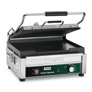 Dual Panini Grill - Ribbed Top Plate Flat Bottom Plate Silver 120-Volt 14.5 in. x 11 in. Cooking Surface