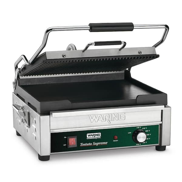 Waring Commercial Dual Panini Grill - Ribbed Top Plate Flat Bottom Plate Silver 120-Volt 14.5 in. x 11 in. Cooking Surface