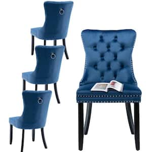 Modern Blue Velvet Dining Chairs Set of 4, Tufted Upholstered Wing Back Chairs with Back Ring Pull, Nailhead Trim