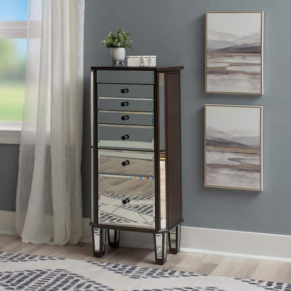 Linon Home Decor Hadley Brown Walnut Mirrored and wood 18 in. W Jewelry Armoire with Flip top and 6 drawers