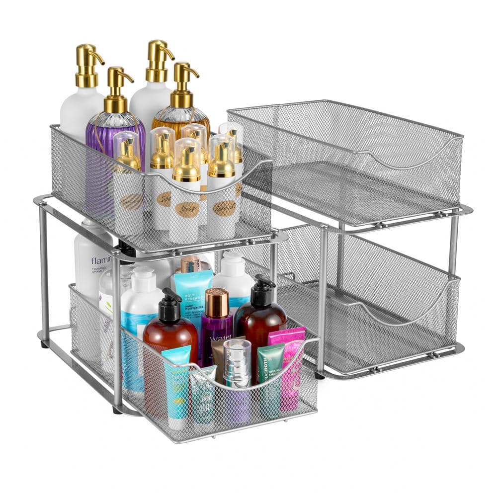 2-Tier Silver Metal Under Sink Bathroom and Kitchen Organizers and Storage,