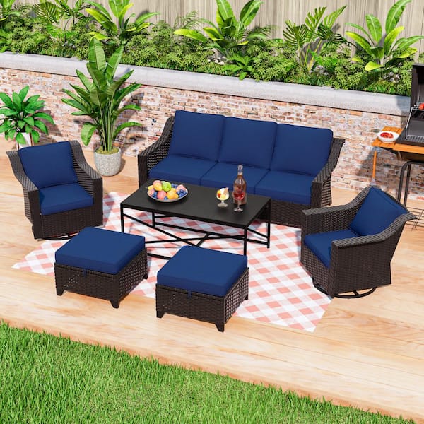 6-Piece Wicker Swivel Rocking Chairs Outdoor Patio Conversation Set with Beige Cushions and Coffee Table