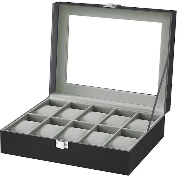 Unbranded Black Rectangle PU Leather 10-Slot Watch Box with Large Glass Lid and Gray Lining