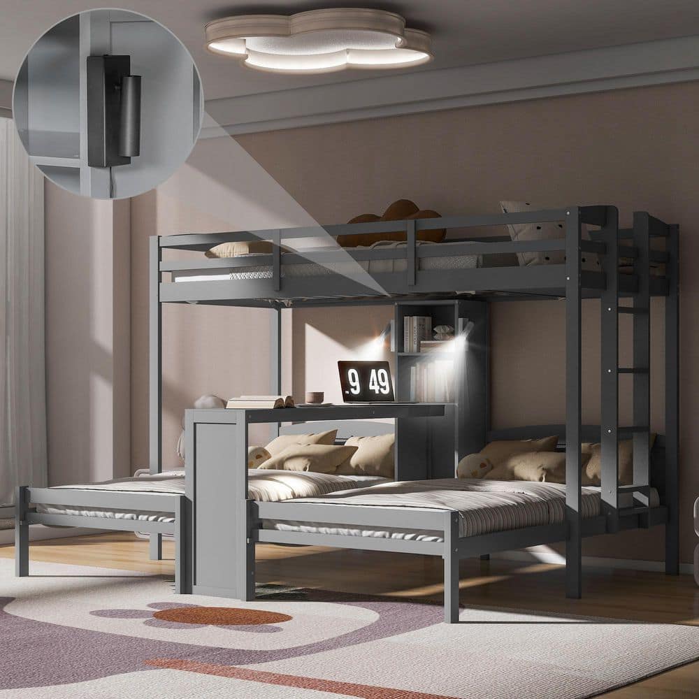 Harper & Bright Designs Gray Twin over Twin & Twin Triple Bunk Bed with ...