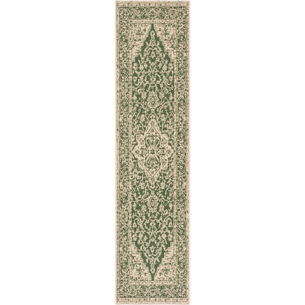 Beach House Green/Creme 2 ft. x 14 ft. Border Floral Indoor/Outdoor Runner Rug