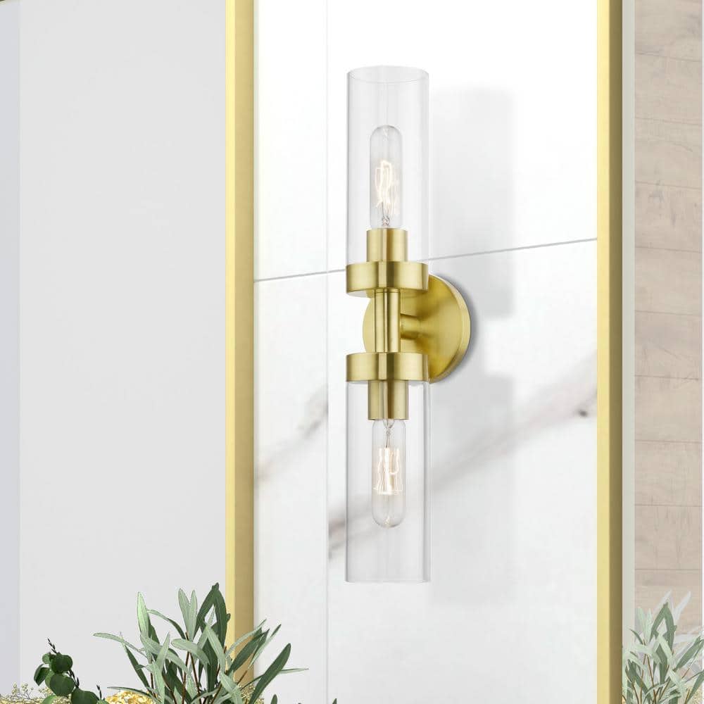 Ludlow Sleek Urban 2-Light Vanity Sconce in Satin Brass with Clear Glass