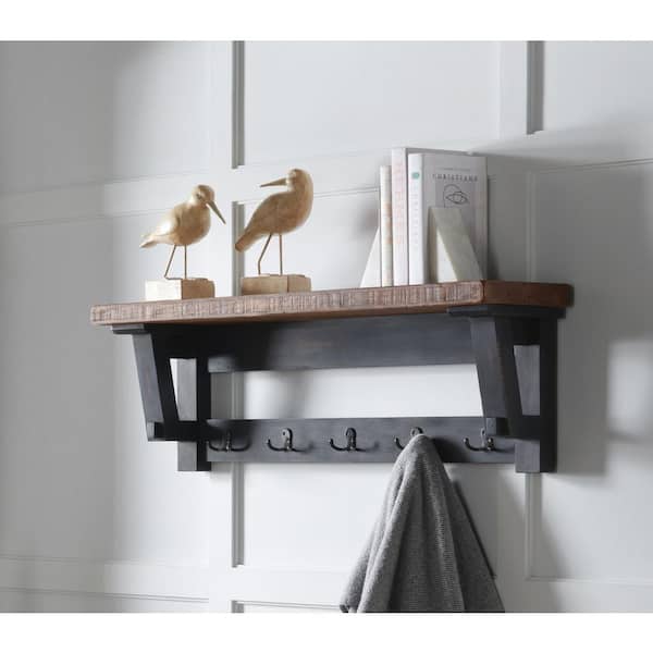 Adam 42 in. Wood and Steel Coat Hook with Shelf, Rustic Industrial Entryway Storage Coat Rack, Brown/Black