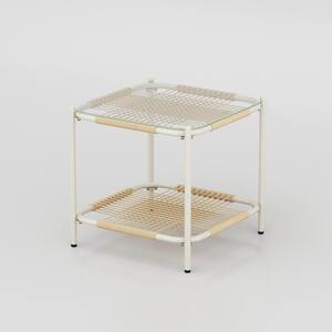 White Frame Brown Rattan Woven Square Metal 16.9 in. Height Outdoor Side Table with 1 Open Shelf & Tempered Glass Top