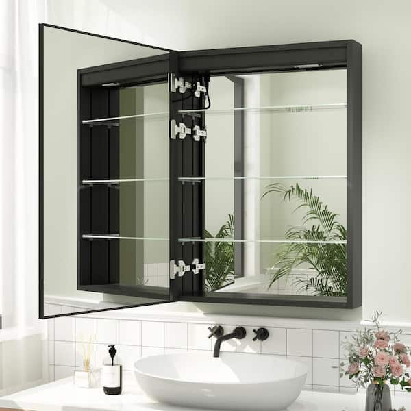 Hpeytaire 32 in. W x 24 in. H Rectangular Aluminum Recessed/Surface Mount Left Hinge Frameless Medicine Cabinet with Mirror Black
