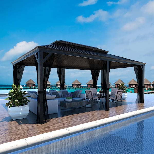20 ft. W x 12 ft. D Aluminum Hardtop Gazebo with Galvanized Double Roof and Textilene Netting