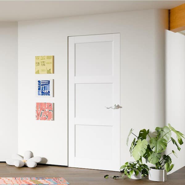 30 in. x 80 in. MDF, Composite, Pre-assembled, Primed, White, 3 Panel Interior Door Slab with Silver Curved Doorknob
