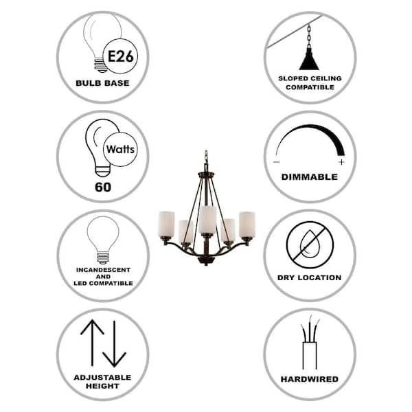 Mod Pod 5-Light Oil Rubbed Bronze Candle Chandelier Light Fixture with Frosted Glass Cylinder Shades