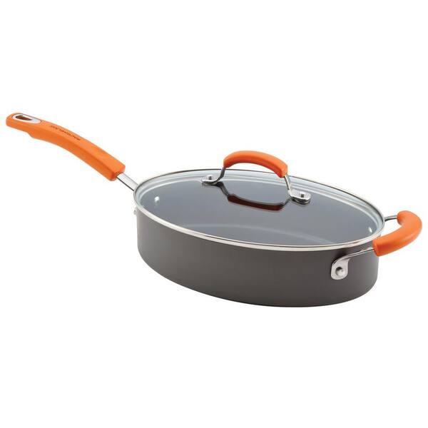 Rachael Ray Hard Anodized II Nonstick 3 qt. Covered Oval Saute in Gray with Orange Handle