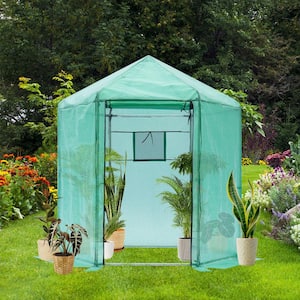 6.9 ft x 6.9 ft x 7.5 ft Outdoor Hexagonal Heavy Duty Walk-in Greenhouse Plastic Reinforced Insulation in Green