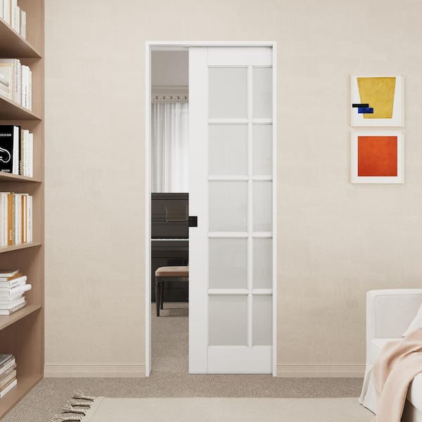 30 in., x 80 in., 10-Lite Frosted Glass White Primed Wood Pocket Door with Hardware Kit (Soft Close and Black Lock Incl)