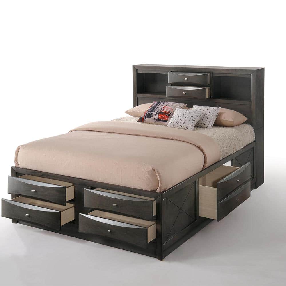 Gray Oak Full Double Captain's Bed with Bookcase and Storage