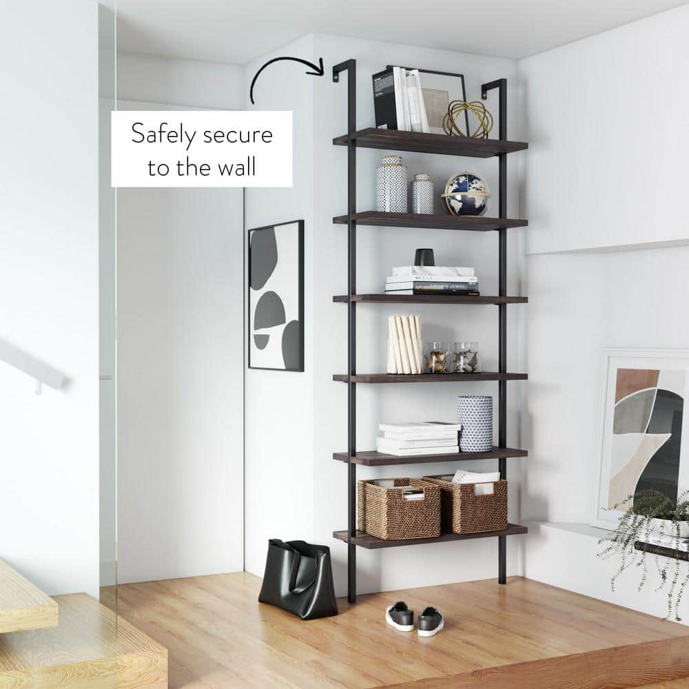 Theo 6-Tier Nutmeg & Matte Black Industrial Ladder Bookshelf