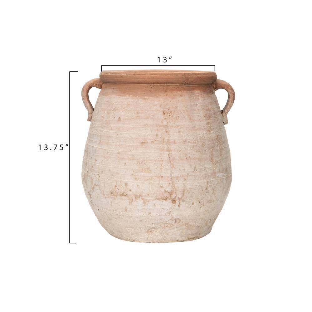 14" Orange and Whitewashed Terracotta Urn with Handles