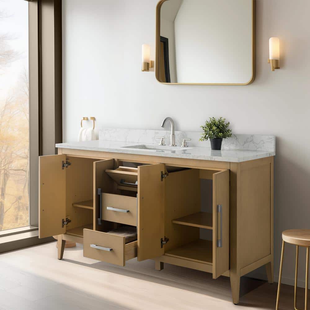 Natural Oak 60'' Single Bathroom Vanity with Engineered Marble Top