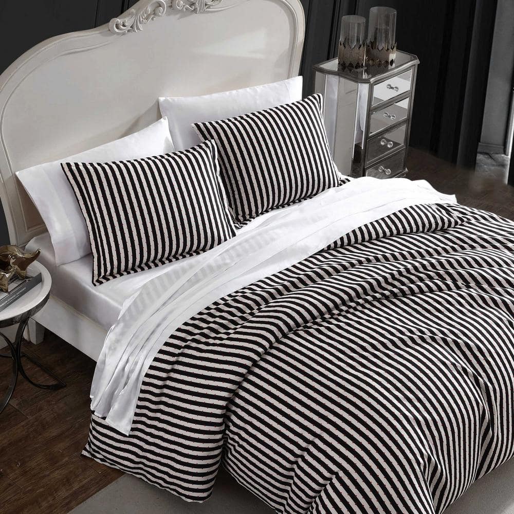 Twin Black and White Striped Polyester Duvet Cover Set