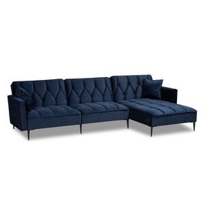 Galena 108 in. Navy Blue and Black Velvet 3-Seats Sofa with Right Facing Chaise