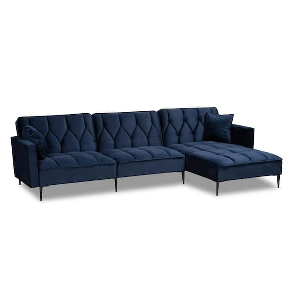 Baxton Studio Galena 108 in. Navy Blue and Black Velvet 3 Seats