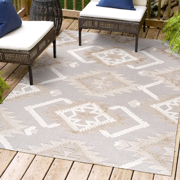 Sumak High-Low Pile Neutral Diamond Kilim Beige/Gray 3 ft. x 5 ft. Indoor/Outdoor Area Rug