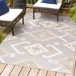 Sumak High-Low Pile Neutral Diamond Kilim Beige/Gray 4 ft. x 6 ft. Indoor/Outdoor Area Rug