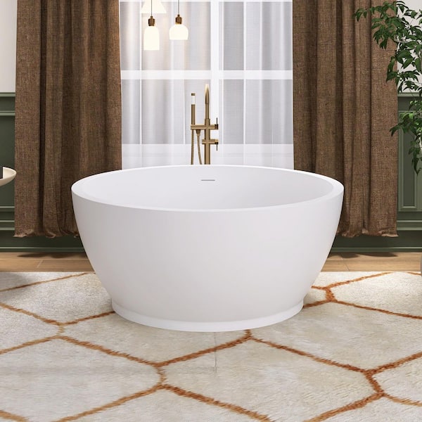 52.7 in. x 52.7 in. Solid Surface Stone Resin Freestanding Soaking Bathtub with Center Drain in Matte White