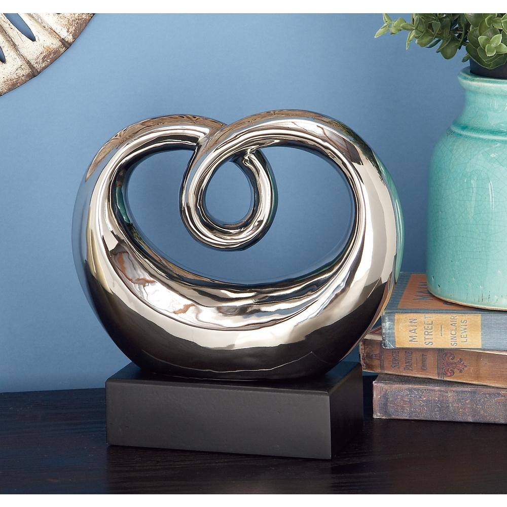 Elegant Silver Swirl 13" Ceramic Abstract Statue with Black Base