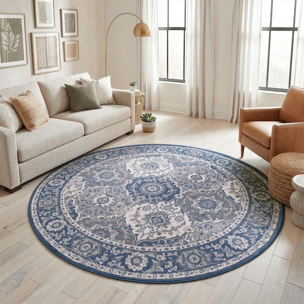 Madison Oriental Navy 6 ft. Round Indoor Area Rug