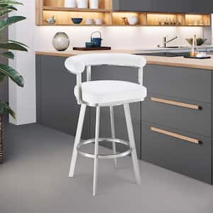 Magnolia 26 in. White/Brushed Stainless Steel Low Back Metal Counter Stool with Faux Leather Seat