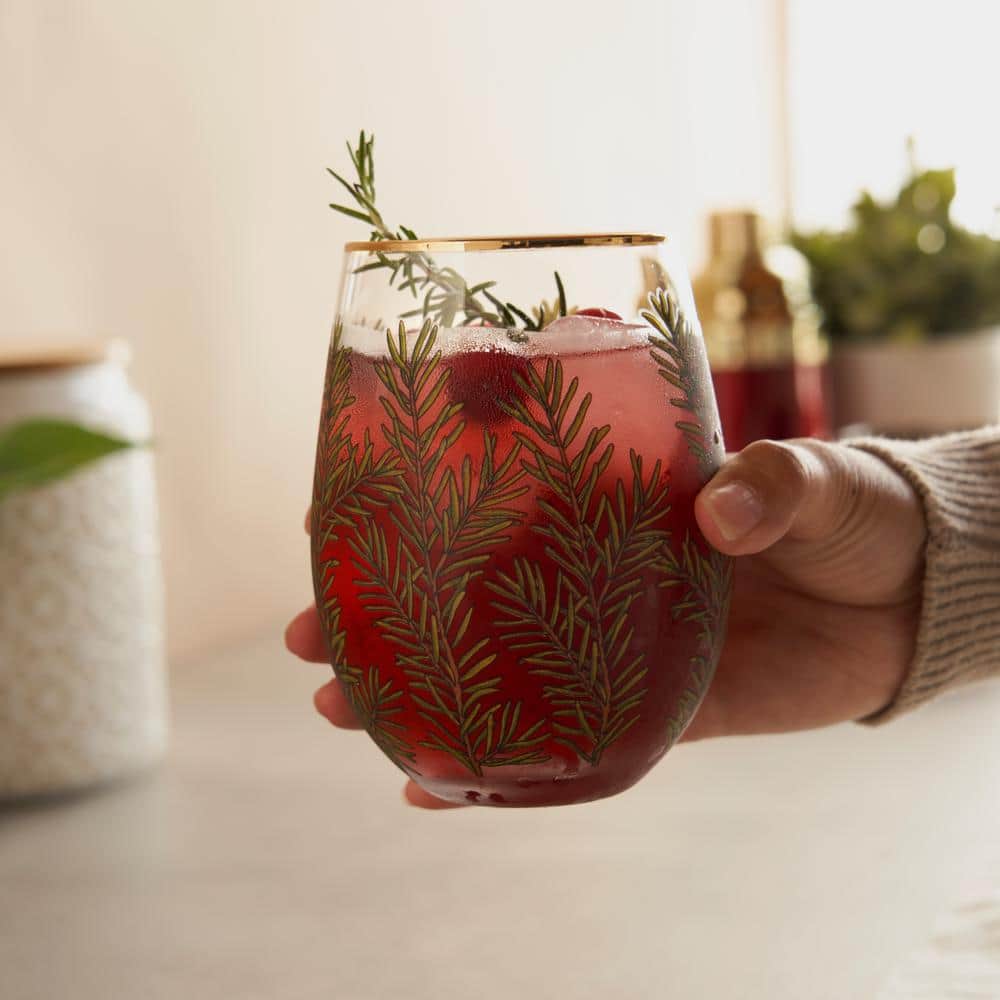Winter Woodland Stemless Wine Glasses with Gold Rim, 16oz, Set of 2