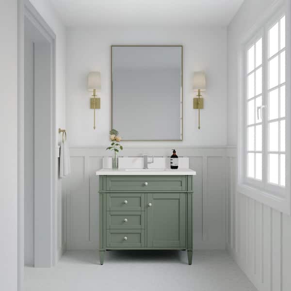 James Martin Vanities Brittany 36.0 in. W x 23.5 in. D x 33.8 in. H Single Bathroom Vanity in Smokey Celadon with White Zeus Quartz Top