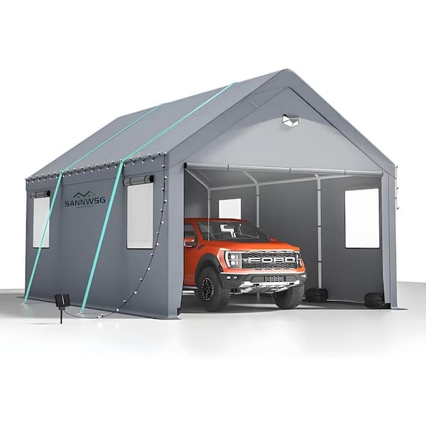 Unbranded Metal 10 ft. x 20 ft. Gray Heavy Duty Carport Canopy, Large Portable Car Tent Garage with Windows, Tarp Cover, Sidewalls