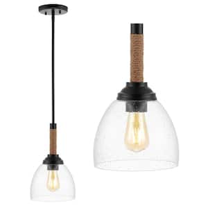 Alys 7.63 in. Black Adjustable Iron Rope-Wrap Modern Rustic Iron/Glass LED Kitchen Pendant