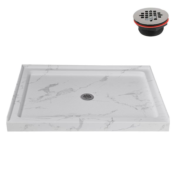 48 in. x 36 in. Alcove Acrylic Shower Pan Base in Matte Marble with Center Drain Included