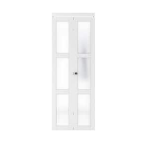 30 in. x 80.5 in. 3-Lite Tempered Frosted Glass Solid Core MDF White Primed Bi-Fold Door with Hardware Kit