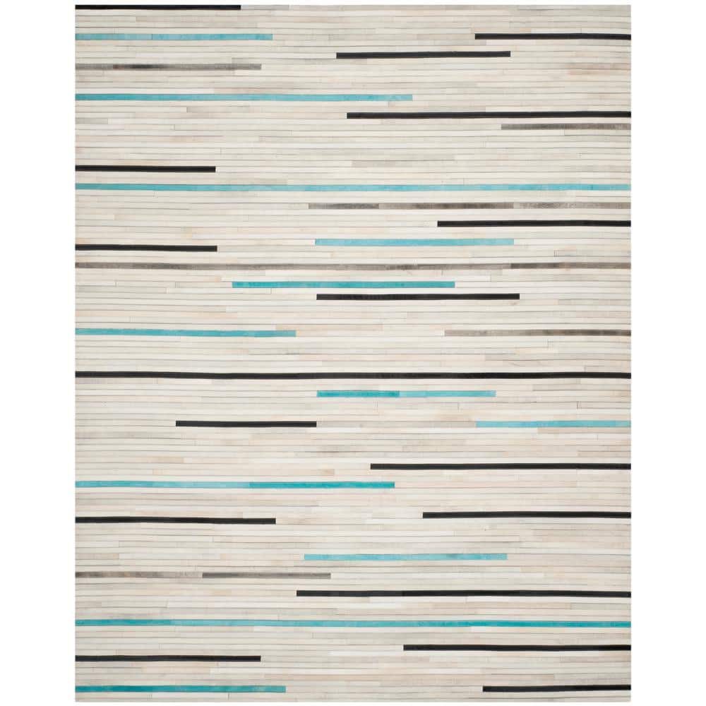 Handmade Gray and Blue Geometric Cowhide Area Rug