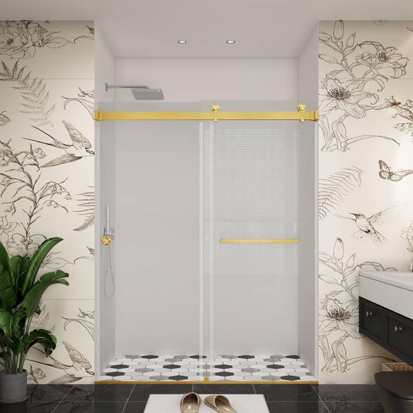 Fluted / Reeded Glass 72 in. W x 76 in. H Double Sliding Frameless Bath Shower Door in Brushed Gold