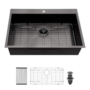 30 in. Drop-In Single Bowl 18-Gauge Gunmetal Black Stainless Steel Kitchen Sink with Bottom Grids, Drying Rack