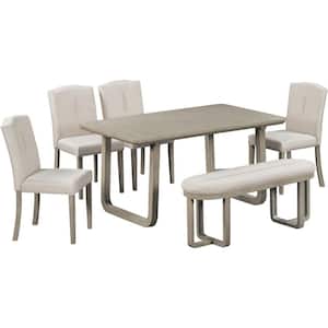 Light Khaki 6-Piece Wood Outdoor Dining Set with Beige Cushion, 4 Upholstered Chairs and Bench