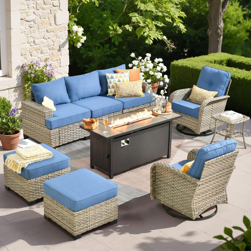 Tiberty Gray 9-Piece Wicker Patio Rectangle Fire Pit Conversation Set with Diamond Blue Cushions and Swivel Chairs price history on PriceWatchPro