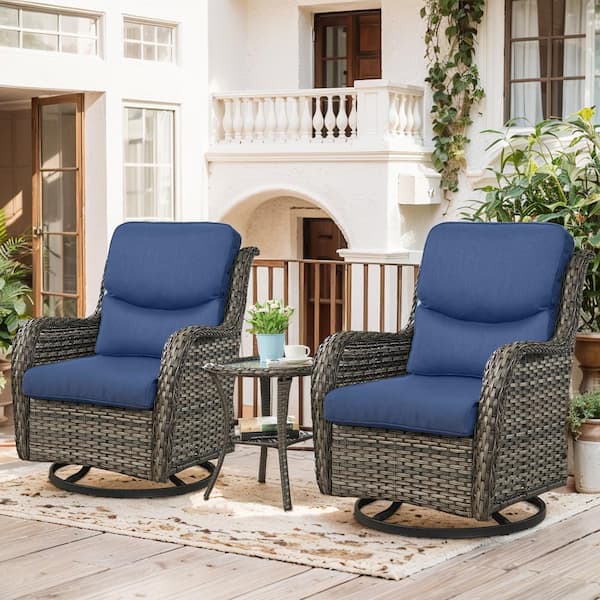 Crescent 3-Piece Gray Wicker Swivel Outdoor Rocking Chairs Patio Conversation Set with CushionGuard Blue Cushions