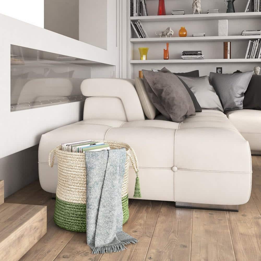 Eco-Friendly Cream & Moss Green Jute Round Storage Basket - 17"